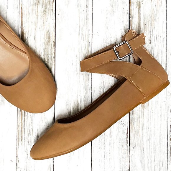 New Camel Tan Criss Cross Mary Jane Ballet Flats - Picture 2 of 4